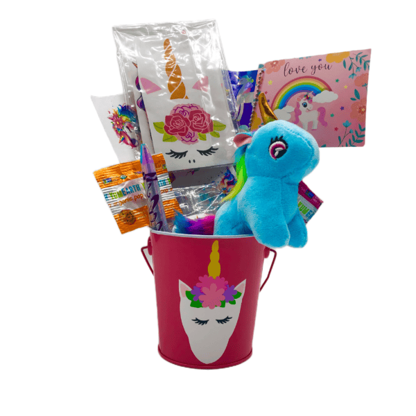 Unicorn Gift Basket personalized with mini-unicorn stuffed animal. Comes with candy and crafts.