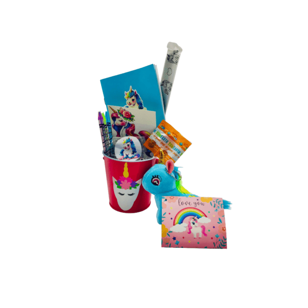 Unicorn Gift Basket with unicorn adoption certificate.