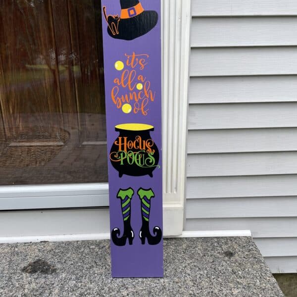 Hocus Pocus Halloween Porch Sign. Witches hat, cat, cauldron, shoes with pointed toes.