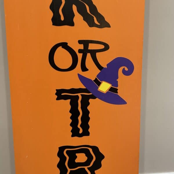 Trick or Treat orange porch sign. Outdoor leaning sign.