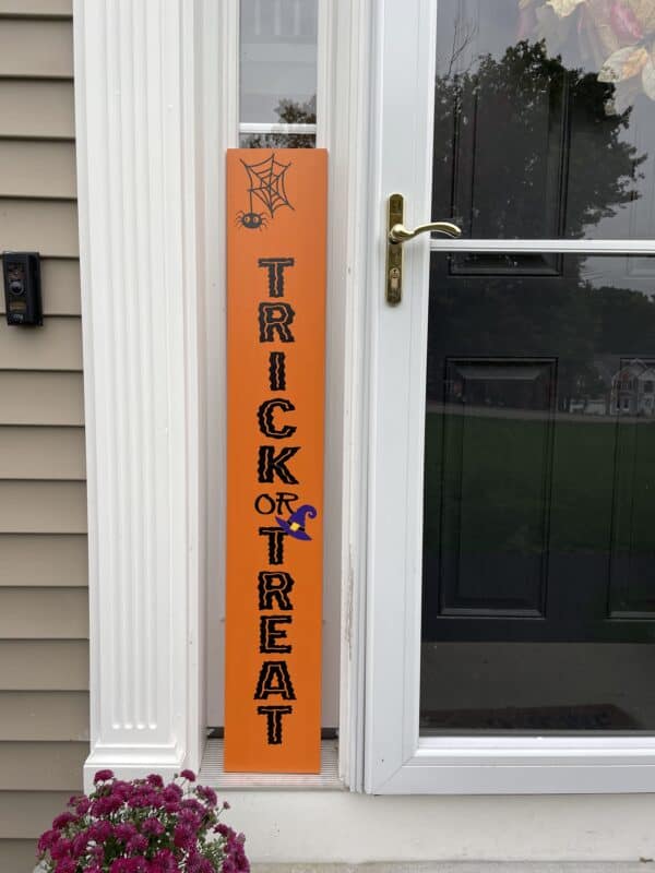 Trick or Treat Indoor Outdoor Porch Sign. Witches hat and spider.