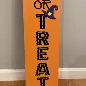 Trick or Treat Halloween sign with witches hat. Orange, Purple, Yellow, 48