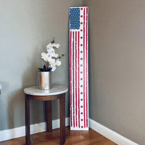 Indoor leaning porch sign with American flag. Red, white and blue design.