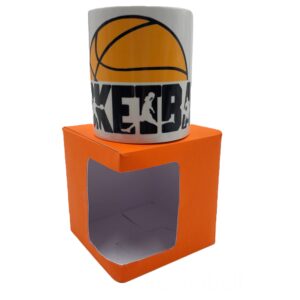 Basketball Mug with orange basketball. Basketball in black with white ceramic.