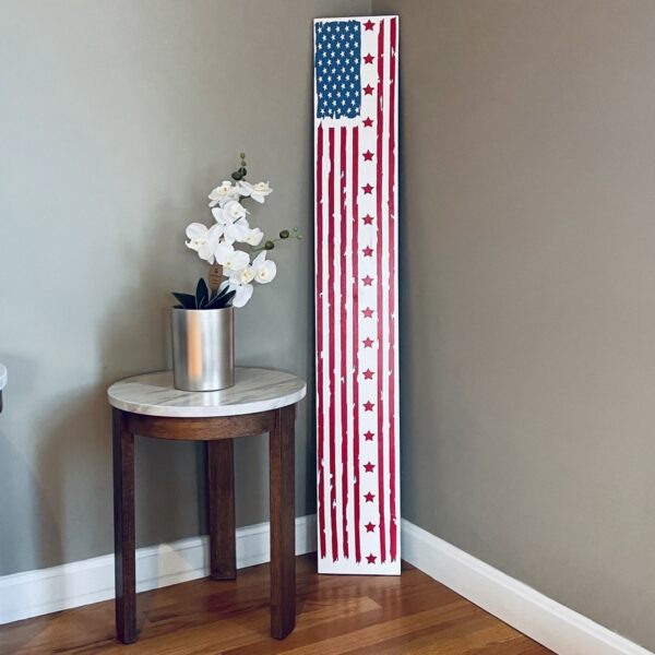 Red, white and blue indoor outdoor porch sign. Stars and stripes.