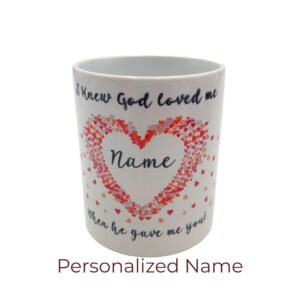 Personalized Love Mug with custom name surrounded by hearts. Red, pink, black and white.