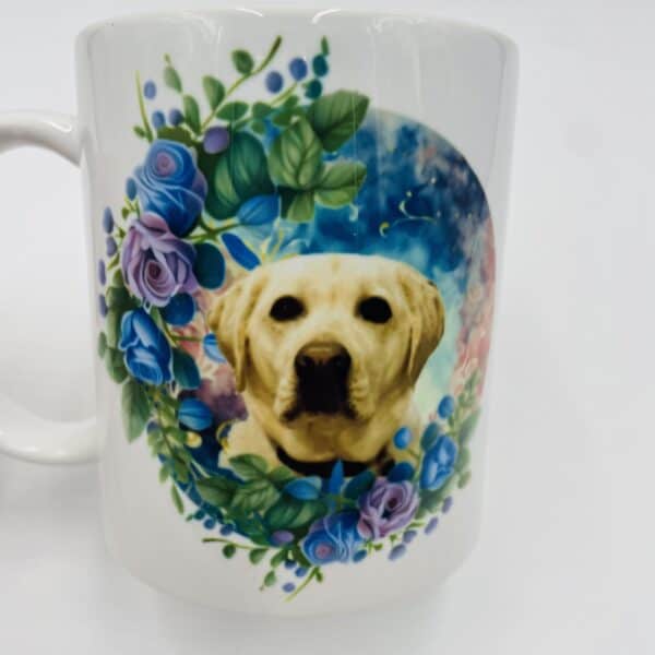 Custom pet mug, white ceramic mug with personalized name down the side. Custom pet image on both sides.