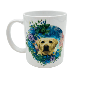 Dog mug with personalized image. Beautiful floral background.