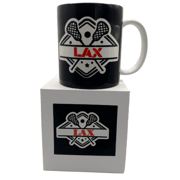 Lacrosse Mug, LAX, with lacrosse sticks, Black and Red. 12 oz. white ceramic.