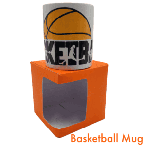 Basketball Mug with orange ball. White, ceramic with Basketball. Round handle.