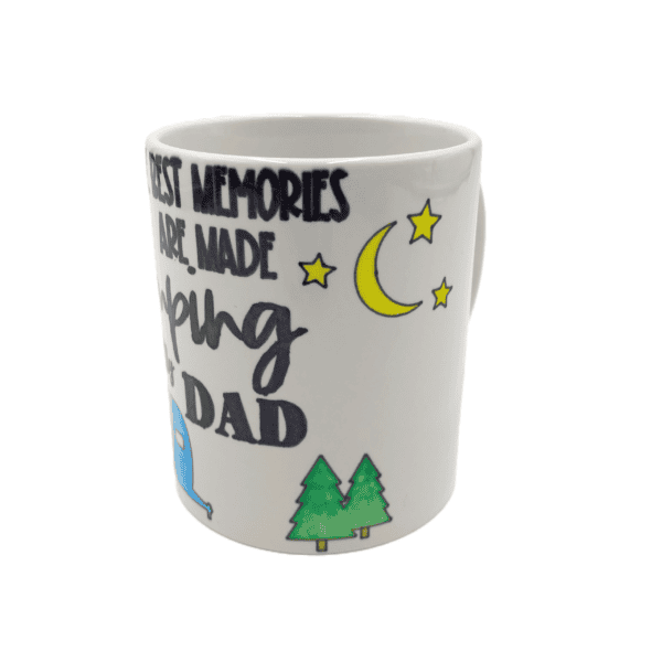 Camping coffee mug for dad. Personalized with camper, trees, stars and moon.