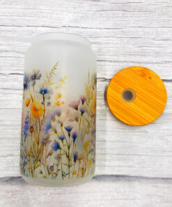 Field of wildflowers beer can shaped glass tumbler.
