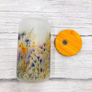 Field of wildflowers beer can shaped glass tumbler.