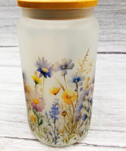 Wildflower tumbler blue and yellow flowers. 16oz. glass tumbler.