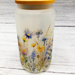 Wildflower tumbler blue and yellow flowers. 16oz. glass tumbler.