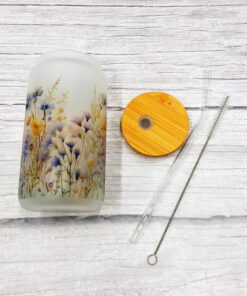 Wildflower tumbler with bamboo lid, straw and cleaning brush. Christian tumbler.