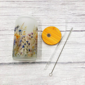 Wildflower tumbler with bamboo lid, straw and cleaning brush. Christian tumbler.