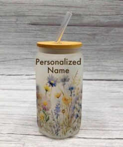 Wildflower Tumbler. Glass can shape, frosted, Personalized Name.