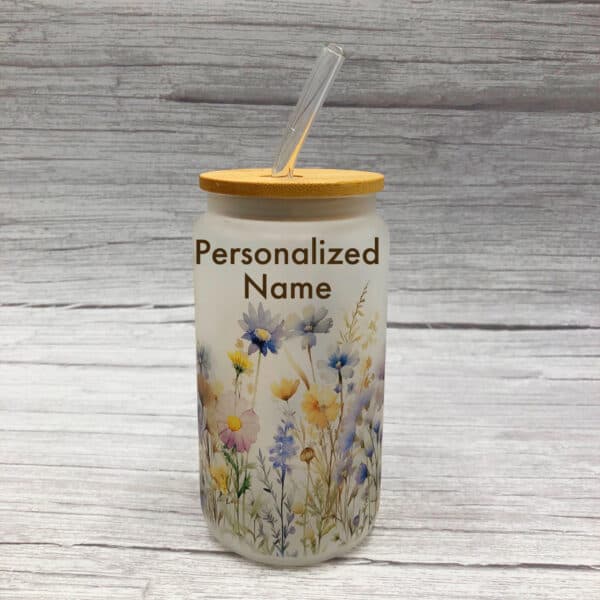 Wildflower Tumbler. Glass can shape, frosted, Personalized Name.