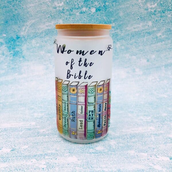 Women of the Bible glass tumbler, frosted glass, 12 oz. ceramic.