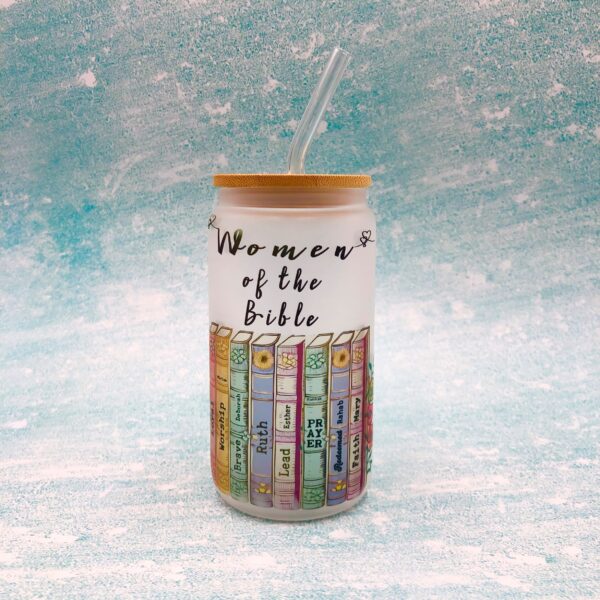 Women of the Bible tumbler with bamboo lid and glass straw. They make a great gift for bible study.