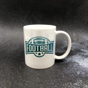 Football Coffee Mug, birthday mug with the word FOOTBALL. Green color with white coffee mug.