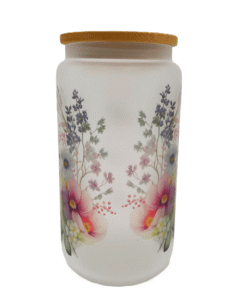 Mom Floral Tumbler with Glass Beer Can Shape, Bamboo Lid and Straw.