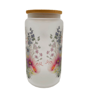 Mom Floral Tumbler with Glass Beer Can Shape, Bamboo Lid and Straw.