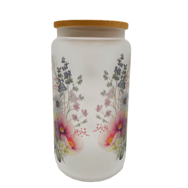 Mom Floral Tumbler with Glass Beer Can Shape, Bamboo Lid and Straw.