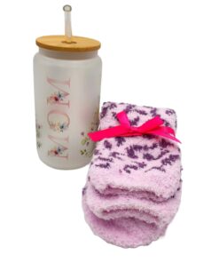 Mom tumbler with leopard socks. Pink frosted glass. Socks one size fits all.