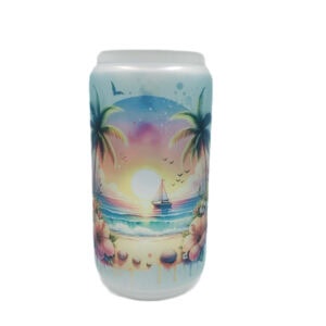 Beach tumbler with bamboo lid shaped like beer can. Sailboat in background.