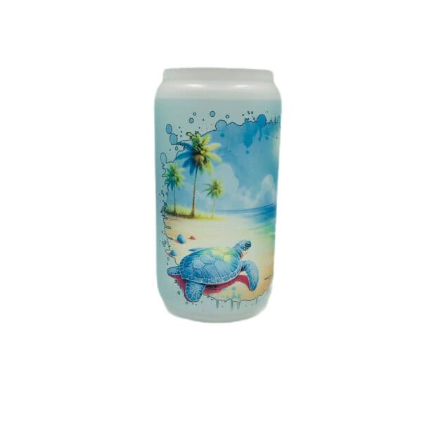 Turtle beach tumbler shaped like a beer can. Beautiful ocean scene with turtle entering water.