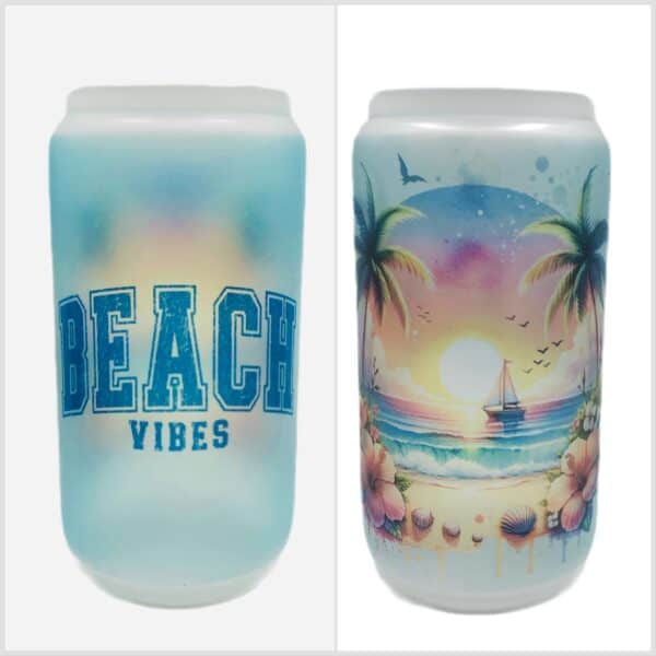 Beach Vibes glass tumbler. Shaped like beer can.