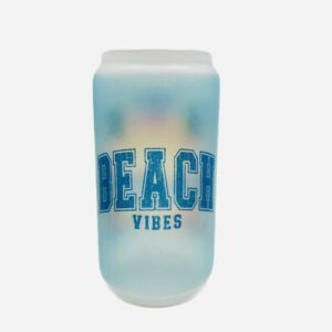 Glass beer can shaped tumbler with Beach scene. Beach Vibes in teal blue.