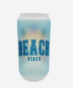 Glass beer can shaped tumbler with Beach scene. Beach Vibes in teal blue.