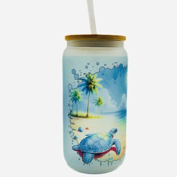 Beach tumbler. Blue water, palm trees and turtle.