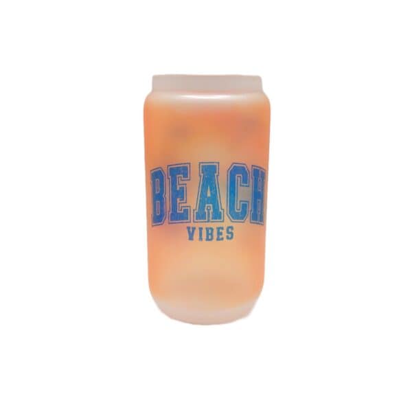 Beach tumbler, 16 oz. frosted glass shaped like beer can. Beach Vibes on front.