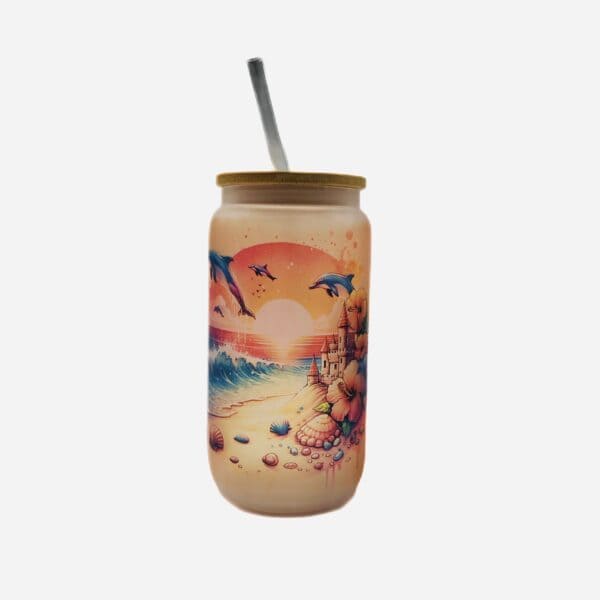 Beach tumbler, 16 oz. frosted glass shaped like beer can with bamboo lid and glass straw