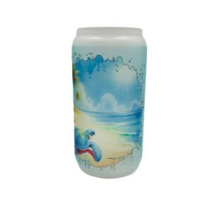 Ocean tumbler with blue water and turtle. 16 oz. shaped like beer can.