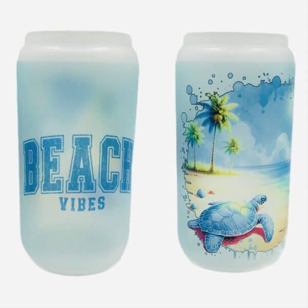 Palm trees beach tumbler, 16 oz. Turtle walking into ocean.