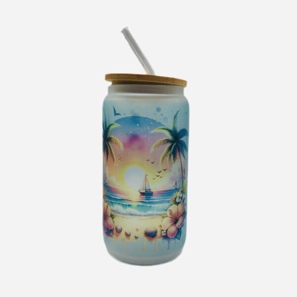 Sailboat tumbler. Beach waves with sun.