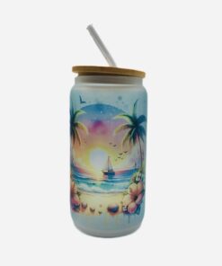 Sailboat tumbler. Beach waves with sun.