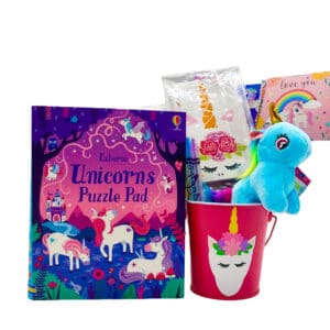 Unicorn Gift Basket with Unicorn stuffed animal. Comes with candy and crafts.