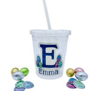 Personalized Easter Tumbler with Stickers and Chocolate Eggs.