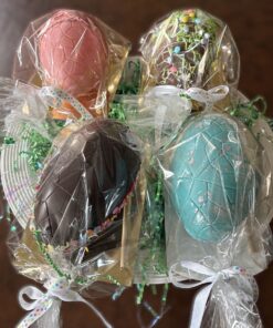 Easter Assorted pastel chocolate eggs wrapped in clear cellophane with ribbon.